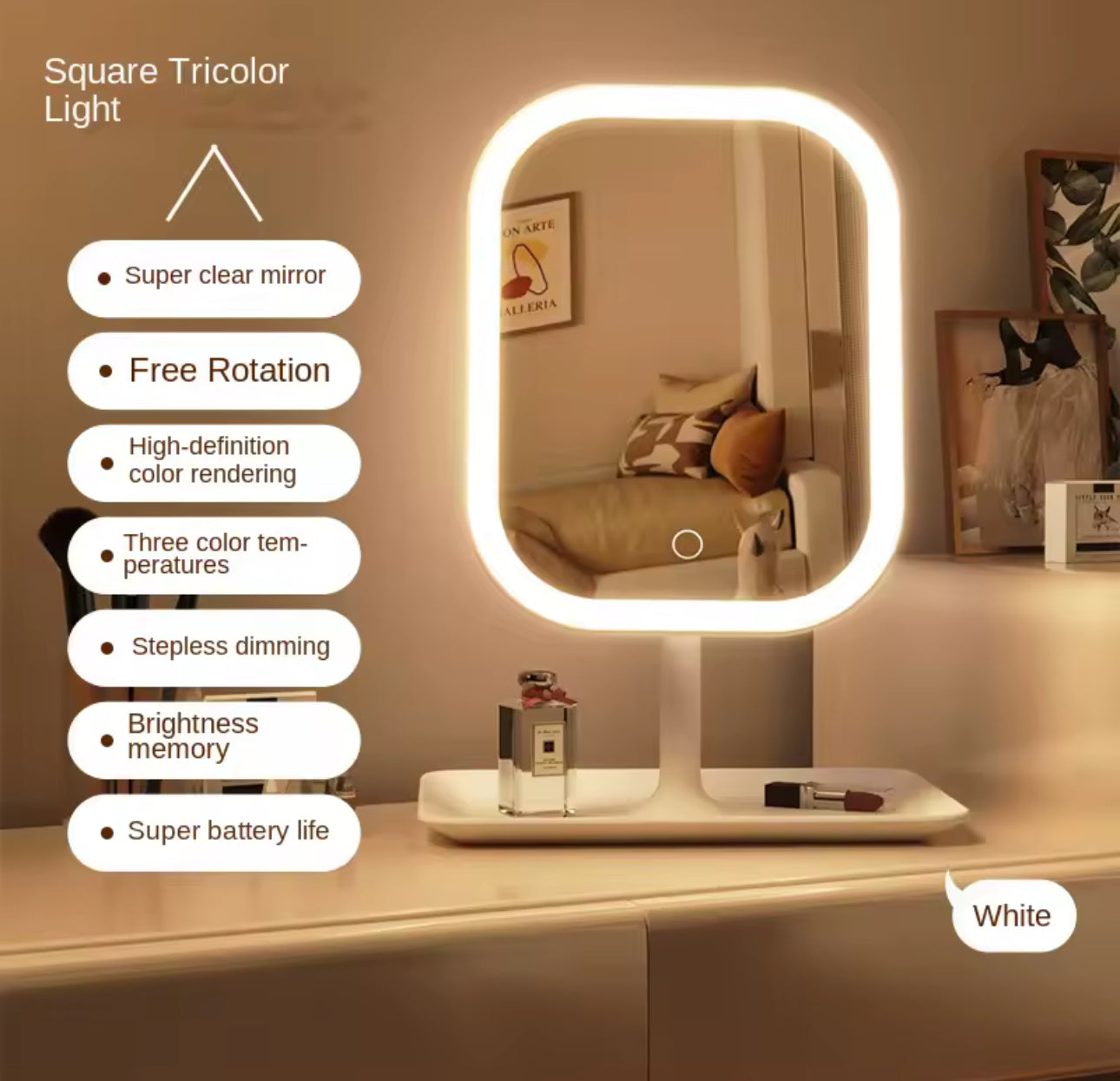 LED Vanity Makeup Mirror with 3 Light Modes | Touch Control Desk Mirror